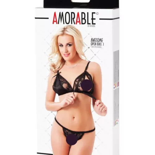 AMORABLE – Nyitott melltartó és tanga szett, fekete, egy méret