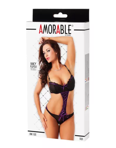 AMORABLE – Szexi body lila csipke díszítéssel, fekete, egy méret