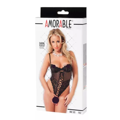 AMORABLE – Szexi body mély, fűzős kivágással, fekete, egy méret