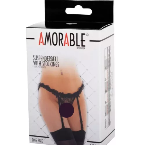 AMORABLE – Harisnyatartó szett harisnyával, fekete, csipkés, egy méret