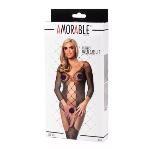 AMORABLE – Hálós, keresztpántos nyitott cicaruha, fekete, egy méret