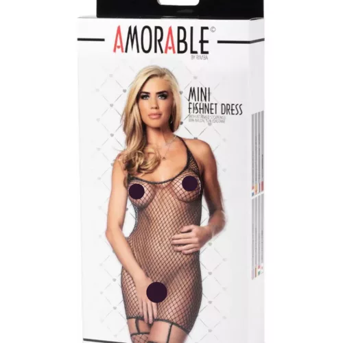 AMORABLE – Hálós mini ruha harisnyával, fekete-ezüst, egy méret
