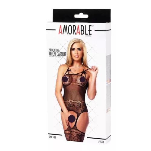 AMORABLE – Csipkemintás harisnyahatású nyitott cicaruha, fekete, egy méret