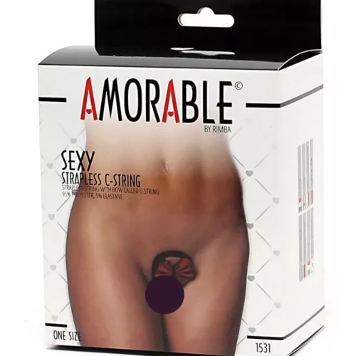 AMORABLE – Pánt nélküli C-zsinórtanga masnival, fekete/piros, egy méret