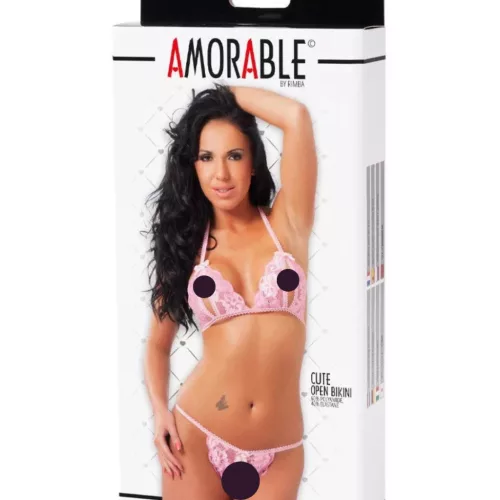 AMORABLE – Nyitott melltartó és tanga szett, rózsaszín, egy méret