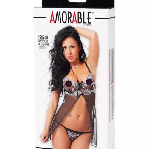 AMORABLE – Átlátszó babydoll szett merevítős melltartóval és bugyival, fekete-fehér, egy méret