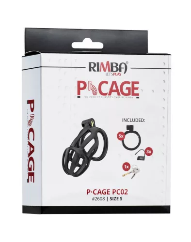 RIMBA P-CAGE – Péniszketrec, Ø 39 mm x 85 mm, fekete, 5 gyűrűs szett