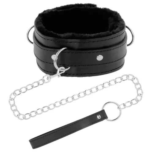 DARKNESS – Kényelmes nyakörv pórázzal, párnázott, PVC bőr, fekete