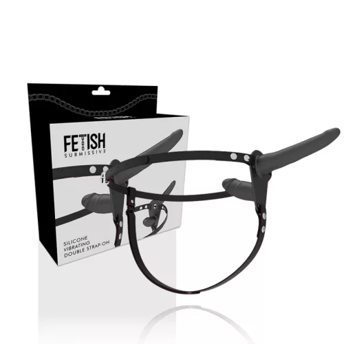 FETISH SUBMISSIVE HARNESS – Dupla behatolásos felcsatolható vibrátor, fekete