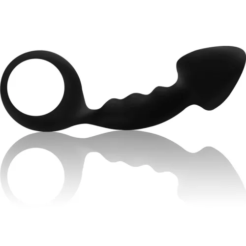 OHMAMA – Bordázott szilikon anál plug biztonsági gyűrűvel, fekete, 12,2 cm