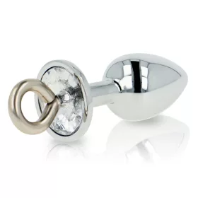   OHMAMA FETISH – Rozsdamentes acél anál plug átlátszó kristállyal és kihúzógyűrűvel, M méret