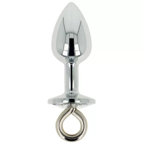 OHMAMA FETISH – Rozsdamentes acél anál plug átlátszó kristállyal és kihúzógyűrűvel, M méret