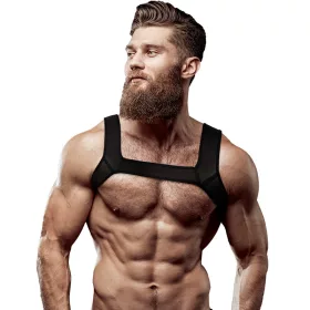   FETISH SUBMISSIVE ATTITUDE – Elöl pántos férfi mellkas hám, vegán bőr, L méret