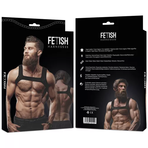 FETISH SUBMISSIVE ATTITUDE – Elöl pántos férfi mellkas hám, vegán bőr, L méret