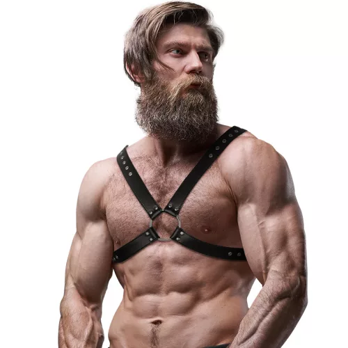 FETISH SUBMISSIVE ATTITUDE – Férfi keresztpántos mellhám vegán bőrből, fekete, univerzális méret