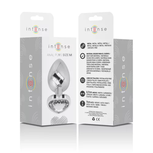 INTENSE – Fém anál plug fehér szív üveggel, 8 cm