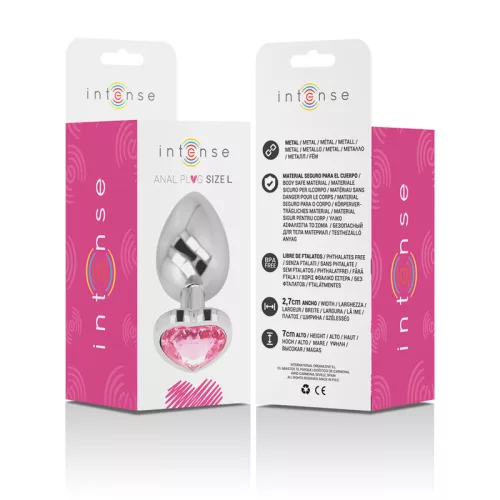 INTENSE – Fém anál plug rózsaszín szív üveggel, 9 cm