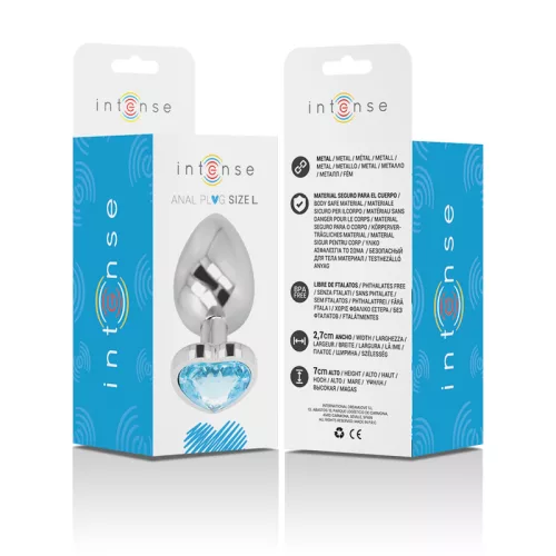 INTENSE – Fém anál plug kék szív üveggel, 9 cm