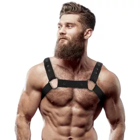   FETISH SUBMISSIVE ATTITUDE – Állítható neopréne férfi mellkas hám, vegán bőr részletekkel, fekete
