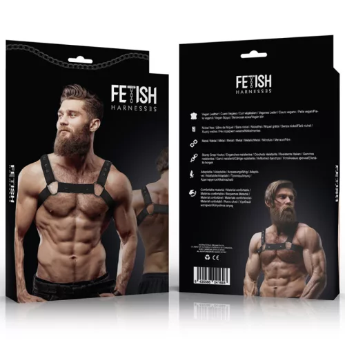 FETISH SUBMISSIVE ATTITUDE – Állítható neopréne férfi mellkas hám, vegán bőr részletekkel, fekete