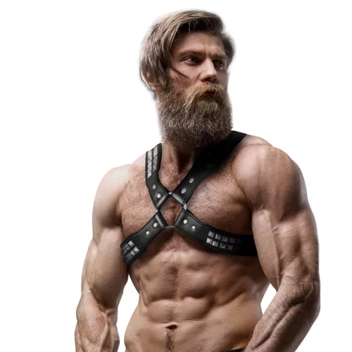 FETISH SUBMISSIVE ATTITUDE – Férfi mellhám szegecsekkel, vegán bőrből, fekete, univerzális méret