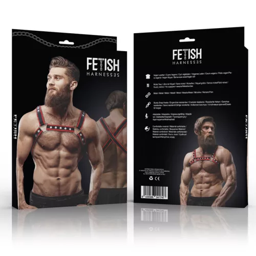 FETISH SUBMISSIVE ATTITUDE – Bulldog mellkasi hám vegán bőrből, fekete-piros, univerzális méret