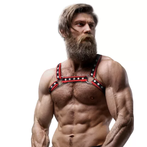 FETISH SUBMISSIVE ATTITUDE – Bulldog mellkasi hám vegán bőrből, fekete-piros, univerzális méret