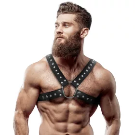   FETISH SUBMISSIVE ATTITUDE – Férfi mellkasi hám szegecsekkel, vegán bőrből, fekete, univerzális méret