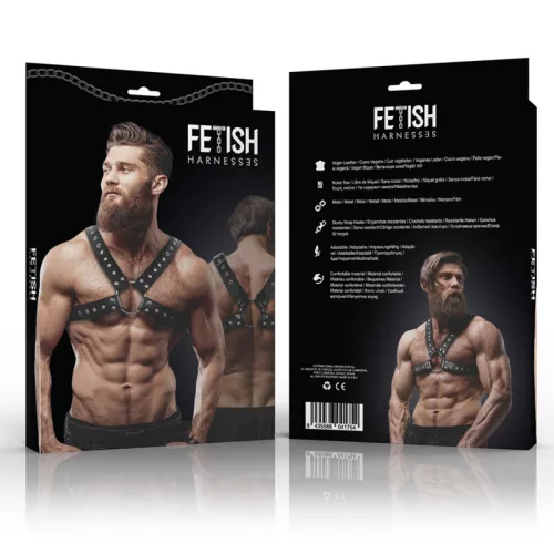 FETISH SUBMISSIVE ATTITUDE – Férfi mellkasi hám szegecsekkel, vegán bőrből, fekete, univerzális méret