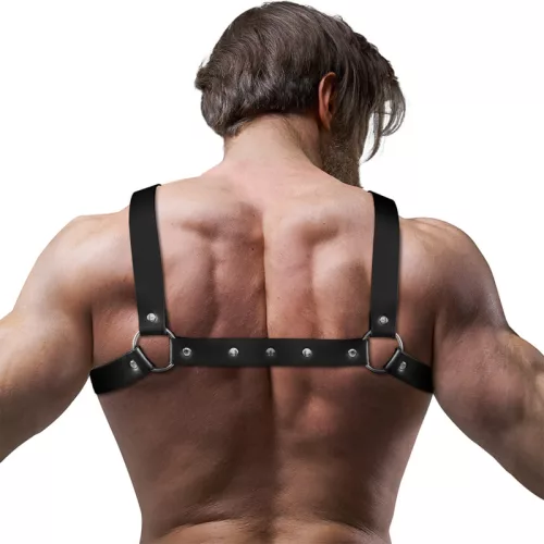 FETISH SUBMISSIVE ATTITUDE – Keresztpántos Bulldog mellkasi hám vegán bőrből, fekete, univerzális méret