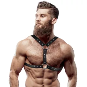   FETISH SUBMISSIVE ATTITUDE – Férfi mellhám szegecsekkel, dupla tartással, vegán bőrből, fekete, univerzális méret