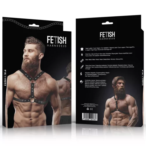 FETISH SUBMISSIVE ATTITUDE – Férfi mellhám szegecsekkel, dupla tartással, vegán bőrből, fekete, univerzális méret