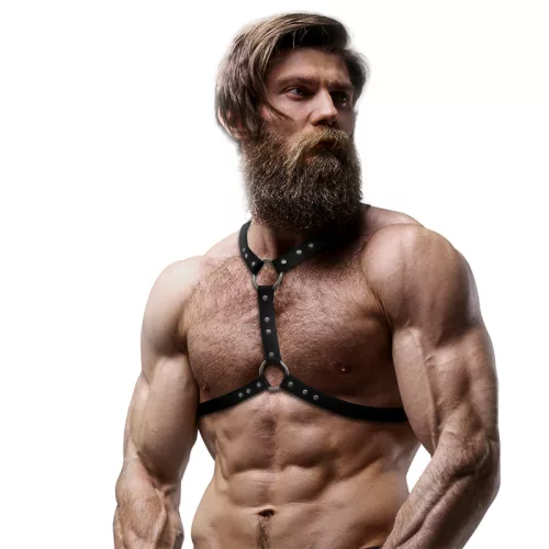 FETISH SUBMISSIVE ATTITUDE – Férfi mellhám szegecsekkel, dupla tartással, vegán bőrből, fekete, univerzális méret