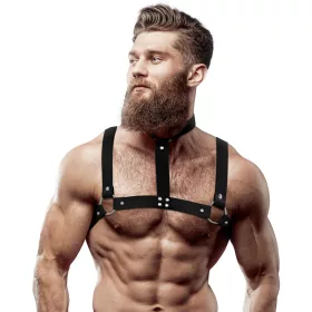   FETISH SUBMISSIVE ATTITUDE – Férfi mellhám nyakpánttal, vegán bőrből, fekete, univerzális méret