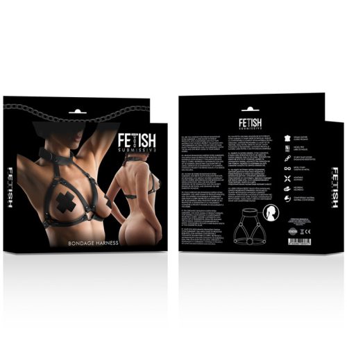 FETISH SUBMISSIVE – Állítható mellkas- és nyakfixáló hám lánccal, fekete