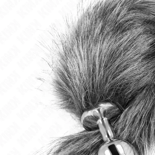 KINK – Közepesméretű fém anál plug szürke szintetikus farokkal, M méret, 40 cm