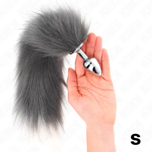 KINK – Kisméretű fém anál plug szürke-fehér szintetikus farokkal, S méret, 40 cm