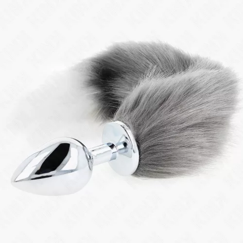 KINK – Nagyméretű szilikon anál plug szürke-fehér szintetikus farokkal, L méret, 40 cm