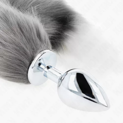 KINK – Nagyméretű szilikon anál plug szürke-fehér szintetikus farokkal, L méret, 40 cm