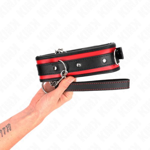 KINK – Állítható, megerősített nyakörv pórázzal, piros-fekete (Model 2)