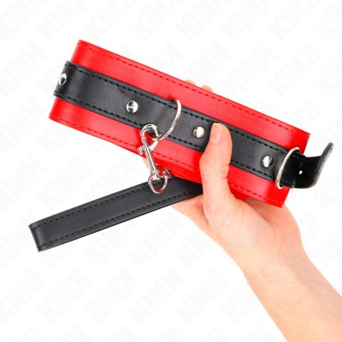 KINK – Állítható piros nyakörv és póráz szett vegán bőrből, D-gyűrűvel, 65 cm
