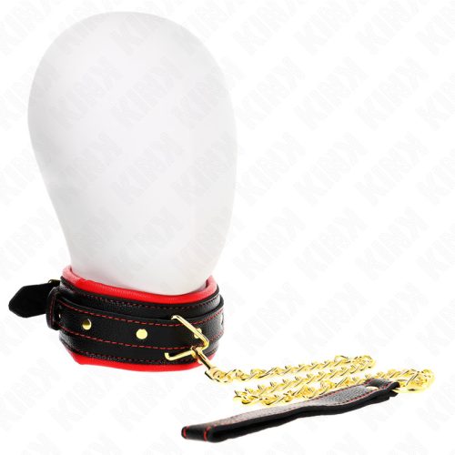 KINK – Állítható nyakörv pórázzal, szivacsos műbőrből, fekete-piros (Model 2)