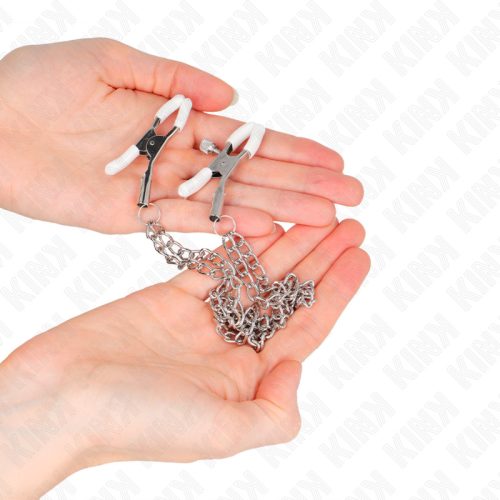 KINK – Dupla láncos mellbimbócsipesz, állítható, ezüst, fehér csiptetővel