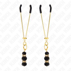   KINK – Állítható aranyszínű mellbimbócsipesz fekete üveggyöngyökkel, 7 cm