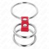 KINK – Tripla fém péniszgyűrű piros bőr kapcsolattal, 3,7–5 cm