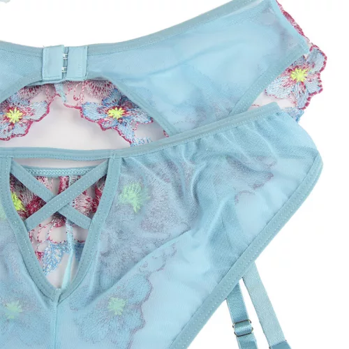 SUBBLIME – Kék virágmintás melltartó és bugyi harisnyatartóval, L/XL