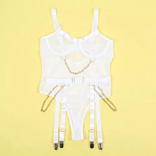 SUBBLIME – Fehér body láncokkal és harisnyatartóval, L/XL
