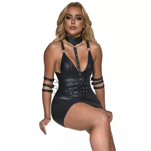 SUBBLIME – Fekete bőrhatású bondage ruha S/M