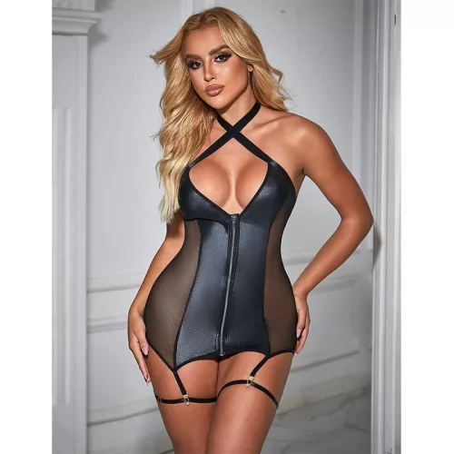 SUBBLIME – Szexi hálós bőrhatású ruha, fekete, L/XL