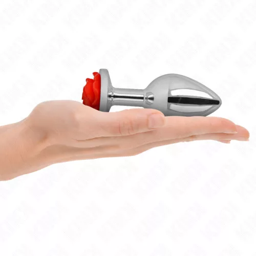 KINK – Rozsdamentes acél anál plug piros rózsa díszítéssel, 10,2 cm